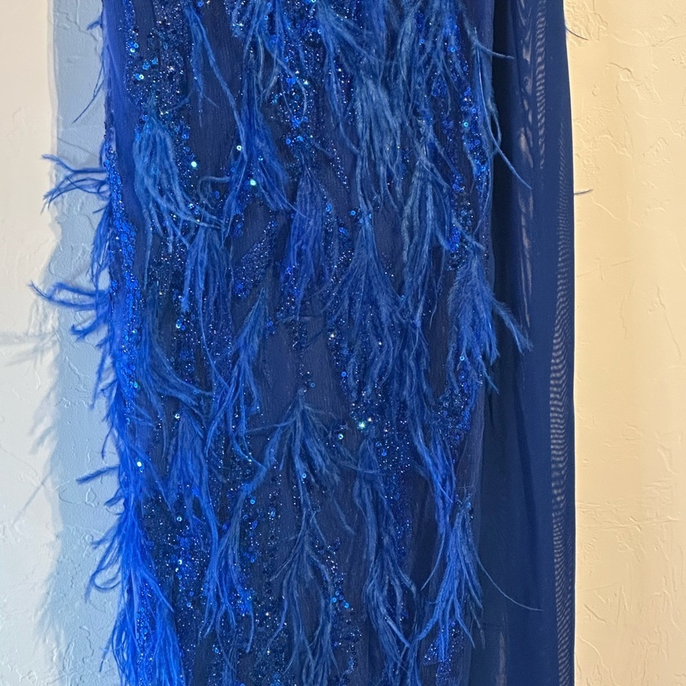 Portia and Scarlett Royal Blue Feathered Gown - Picture 2 of 14
